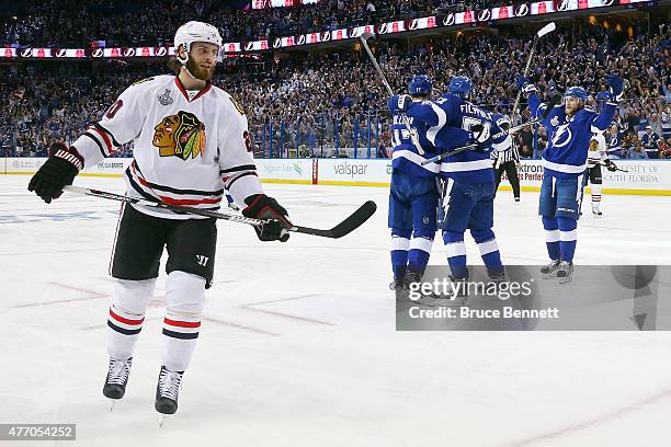 Valtteri Filppula of the Tampa Bay Lightning celebrates with his teammates Alex Killorn and Steven Stamkos after scoring a second period goal against...