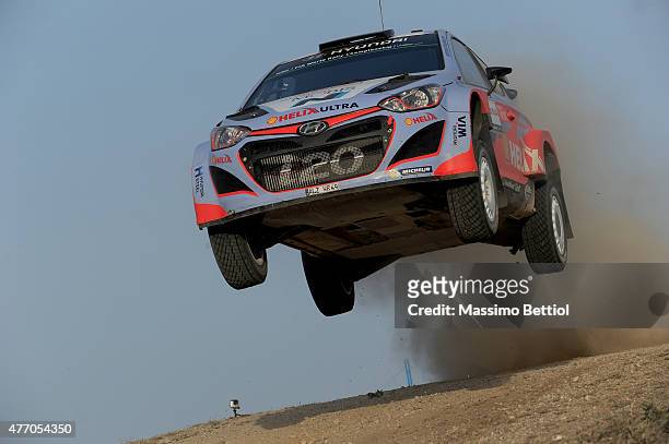 Thierry Neuville of Belgium and Nicolas Gilsoul of Belgium compete in their Hyundai Motorsport Hyundai i20 WRC during Day Two of the WRC Italy on...