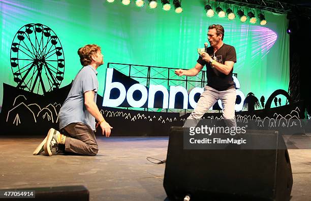 Comedian Zach Galifianakis and actor Jon Hamm perform onstage at the Comedy Theatre during Day 3 of the 2015 Bonnaroo Music And Arts Festival on June...