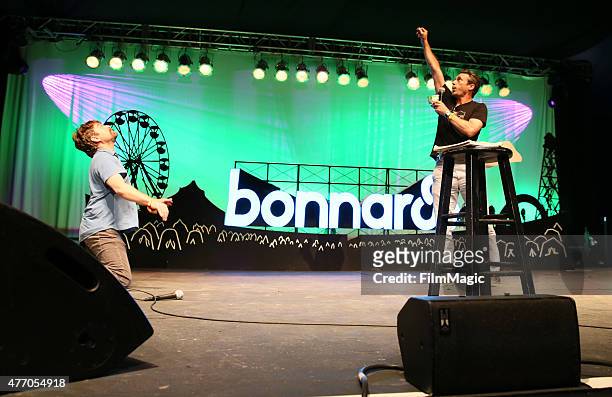 Comedian Zach Galifianakis and actor Jon Hamm perform onstage at the Comedy Theatre during Day 3 of the 2015 Bonnaroo Music And Arts Festival on June...
