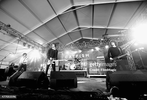 Musicians Billy Bibby, Van McCann, Bob Hall and Benji Blakeway of Catfish and the Bottlemen perform onstage at This Tent during Day 3 of the 2015...