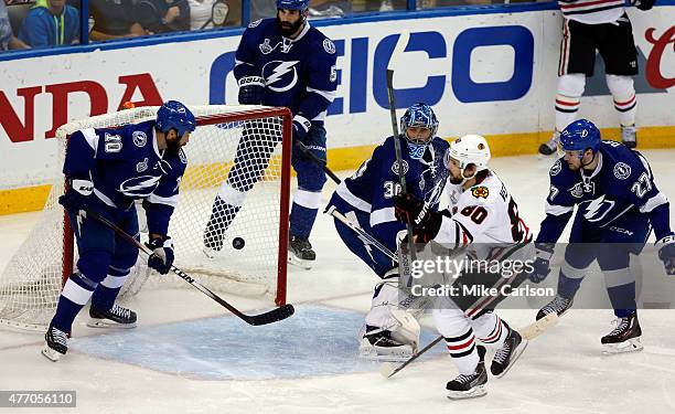 Antoine Vermette of the Chicago Blackhawks scores a goal in the third period past Ben Bishop of the Tampa Bay Lightning during Game Five of the 2015...