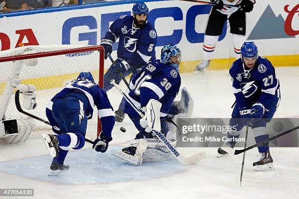 Antoine Vermette of the Chicago Blackhawks scores a goal in the third period past Ben Bishop of the Tampa Bay Lightning during Game Five of the 2015...