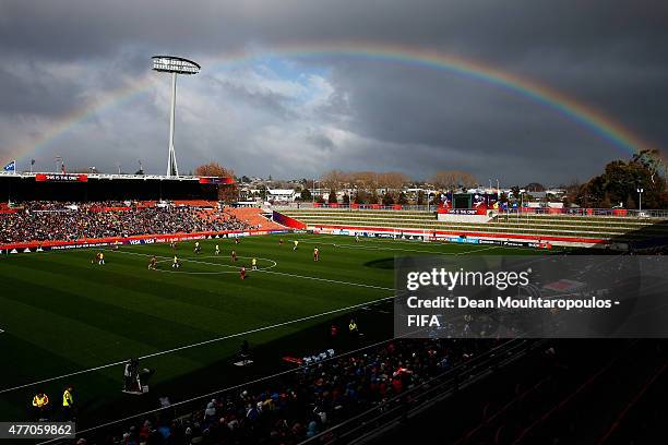 General view of the action as a rainbow fills the sky during the FIFA U-20 World Cup New Zealand 2015 quarter final match between Brazil and Portugal...