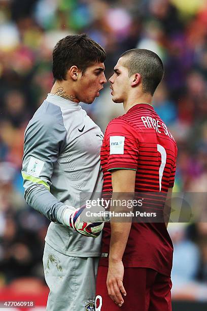 Jean of Brazil confronts Andre Silva of Portugal during the FIFA U-20 World Cup New Zealand 2015 quarter final match between Brazil and Portugal held...