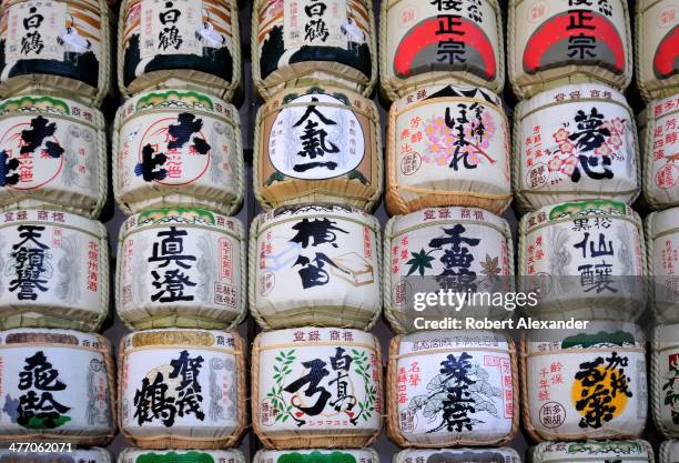 Display of saki barrels at the Meiji-Jingu shrine in the Harajuku district of Tokyo. The shrine and surrounding gardens are dedicated to the memory...