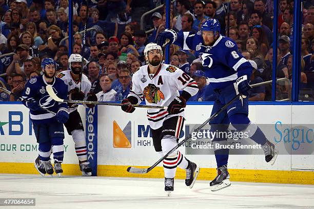 Patrick Sharp of the Chicago Blackhawks collides with Anton Stralman of the Tampa Bay Lightning during Game Five of the 2015 NHL Stanley Cup Final at...