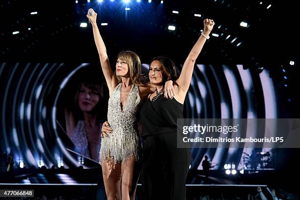 Taylor Swift performs onstage with actress Mariska Hargitay during The 1989 World Tour on June 13, 2015 at Lincoln Financial Field in Philadelphia,...