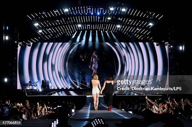 Taylor Swift performs onstage with actress Mariska Hargitay during The 1989 World Tour on June 13, 2015 at Lincoln Financial Field in Philadelphia,...