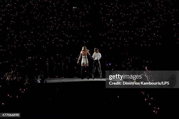 Taylor Swift performs onstage with musician Rachel Platten during The 1989 World Tour on June 13, 2015 at Lincoln Financial Field in Philadelphia,...