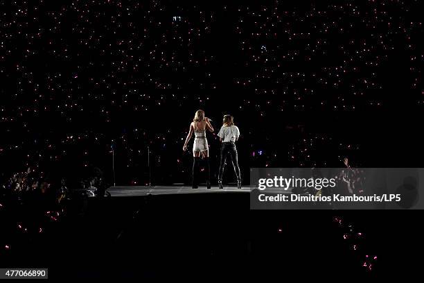 Taylor Swift performs onstage with musician Rachel Platten during The 1989 World Tour on June 13, 2015 at Lincoln Financial Field in Philadelphia,...