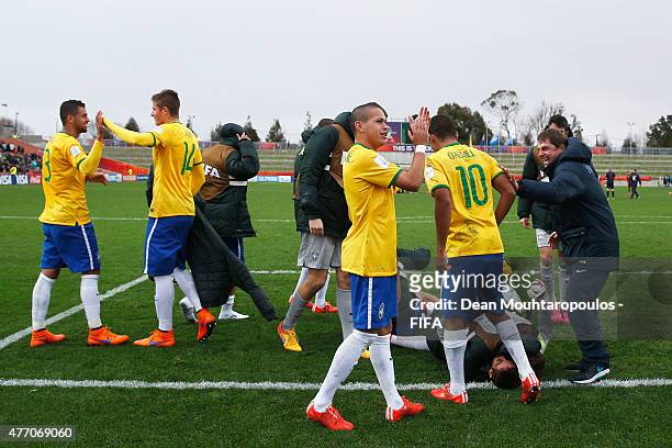 The Brazil players celebrate winning the penalty shoot out during the FIFA U-20 World Cup New Zealand 2015 quarter final match between Brazil and...