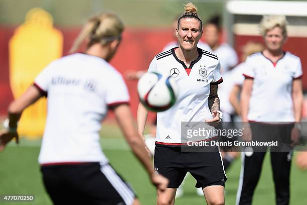 Anja Mittag of Germany looks on during a training session at Waverley Soccer Complex on June 13, 2015 in Winnipeg, Canada.