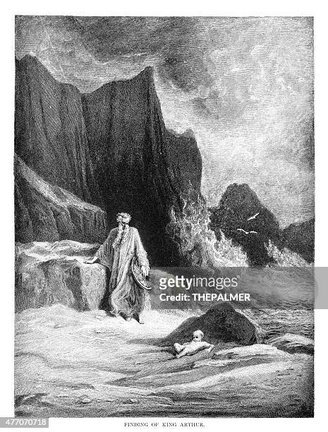 the finding of king arthur engraving - the legend of merlin and arthur stock illustrations