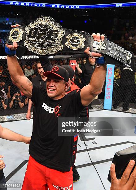 Fabricio Werdum of Brazil celebrates his submission victory over Cain Velasquez of the United States in their UFC heavyweight championship bout...