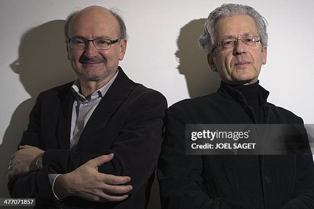 French journalists Eric Fottorino and Laurent Greilsamer pose in their office on March 6, 2014 in Paris. The former director of the French newspaper...