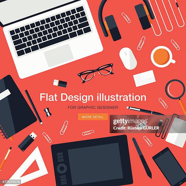 workspace for graphic designer - computer flat illustration stock illustrations