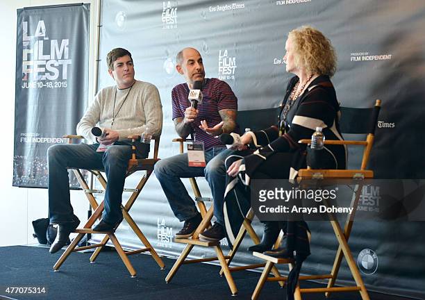 Writers Timothy Dowling, David S. Goyer and Meg LeFauve speak onstage at Coffee Talks: Screenwriters during the 2015 Los Angeles Film Festival at the...