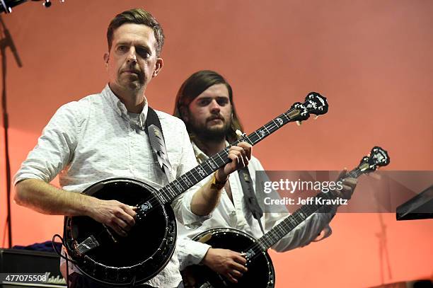 Actor Ed Helms and Winston Marshall of Mumford & Sons perform onstage at What Stage during Day 3 of the 2015 Bonnaroo Music And Arts Festival on June...