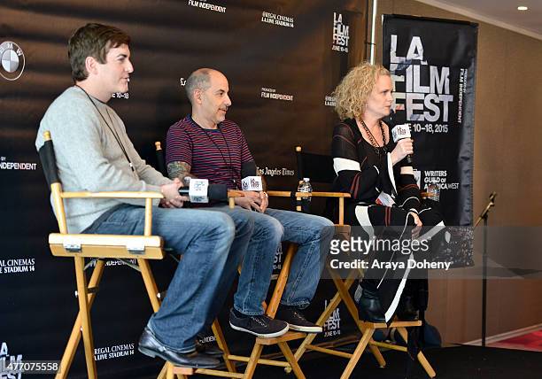 Writers Timothy Dowling, David S. Goyer and Meg LeFauve speak onstage at Coffee Talks: Screenwriters during the 2015 Los Angeles Film Festival at the...