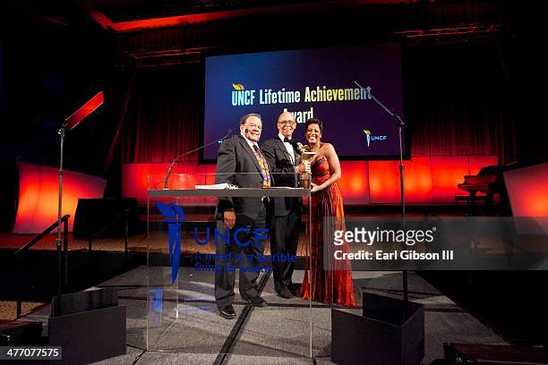 Andrew Young, Michael L. Lomax and Tamron Hall pose for a photo in honor of Andrew Young Lifetime Achievements at the 'UNCF LIghting The Way To...