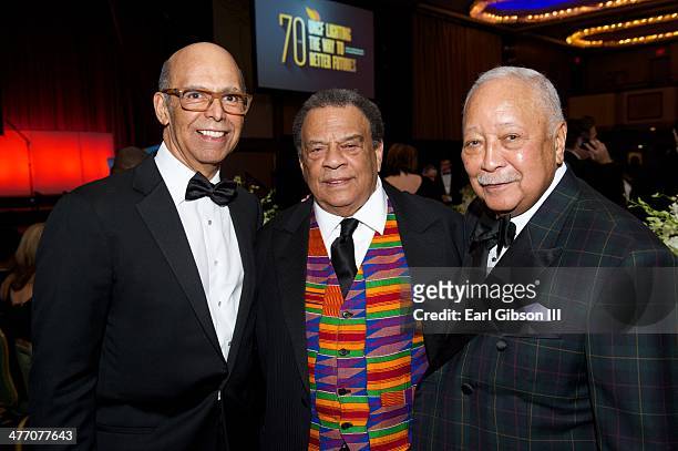 Michael L. Lomax, CEO of UNCF, Andrew Young and David Dinkins pose for a photo at the 'UNCF Lighting The Way To Better Futures' 2014 Dinner at New...