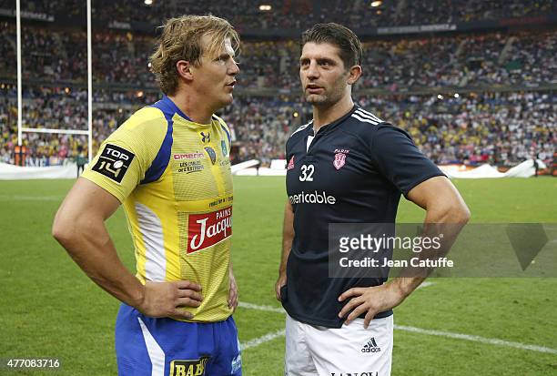 Aureline Rougerie of Clermont chats with Pierre Rabadan of Stade Francais after the Top 14 Final between ASM Clermont Auvergne and Stade Francais...