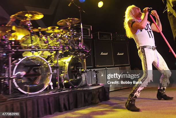 Dee Snider of Twisted Sister and Mike Portnoy filling in for the late AJ Pero perform during a concert to honor AJ Pero at Starland Ballroom on June...