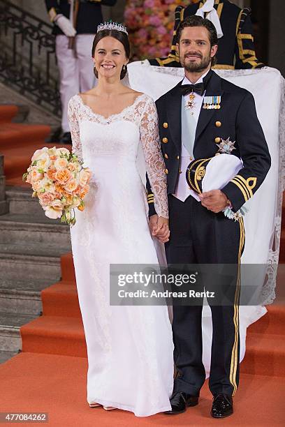 Prince Carl Philip of Sweden is seen with his new wife Princess Sofia, Duchess of Varmland after their marriage ceremony on June 13, 2015 in...