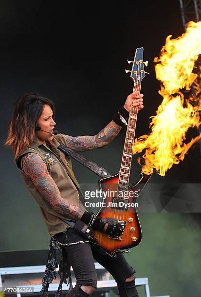 Ashley Purdy of Black Veil Brides performs live on stage during Day 2 of the Download Festival at Donington Park on June 13, 2015 in Castle...