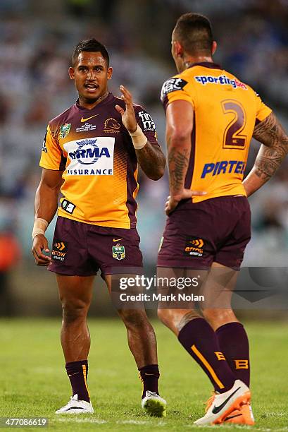 Ben Barba and Daniel Vidot of the Broncos chat during the round one NRL match between the Canterbury-Bankstown Bulldogs and the Brisbane Broncos at...