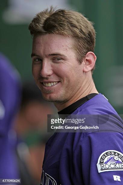 Garrett Atkins of the Colorado Rockies looks on from the dugout before a Major League Baseball game against the Pittsburgh Pirates at PNC Park on...