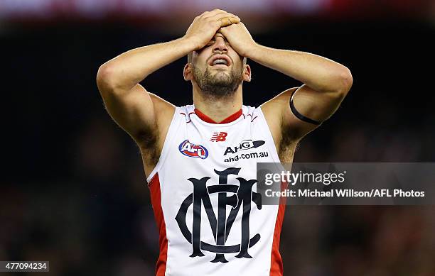 Jimmy Toumpas of the Demons shows his emotions after the 2015 AFL round eleven match between the St Kilda Saints and the Melbourne Demons at Etihad...