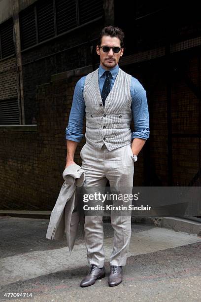 Model and GQ correspondent David Gandy wears all Marks and Spencer with David Preston shoes on day 2 of London Collections: Men on June 13, 2015 in...