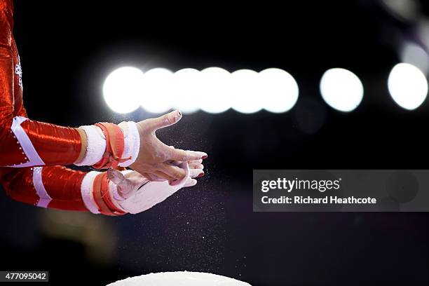 Giulia Steingruber of Switzerland competes on the uneven bars in the Women's Team Final and Individual Qualification during day two of the Baku 2015...