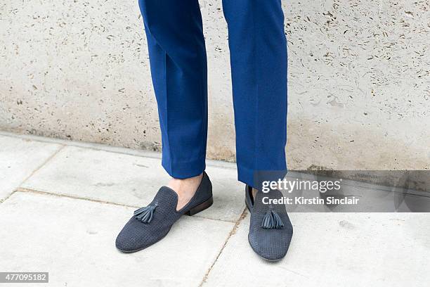 Fashion blogger and model Ruben Ramos Zara suit and shoes on day 2 of London Collections: Men on June 13, 2015 in London, England.