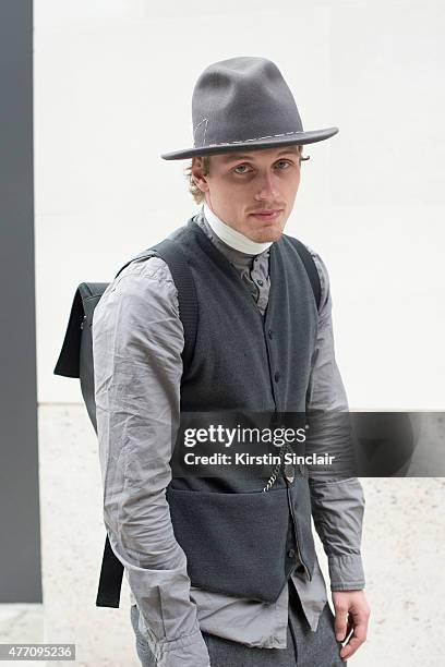 Editor-in-chief of L.I.F.E Collective Jesse Stokkel wears Baileys hat, Rains bag Christopher Shannon trousers, Denham waistcoat and shirt, Adyn...