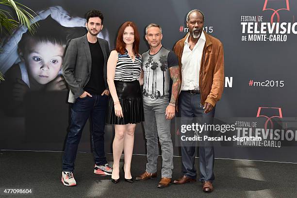 Raphael Ferret, Odile Vuillemin, Philippe Bas and Jean-Michel Martial pose at a photocall for the TV series 'PROFILAGE' during the 55th Monte Carlo...