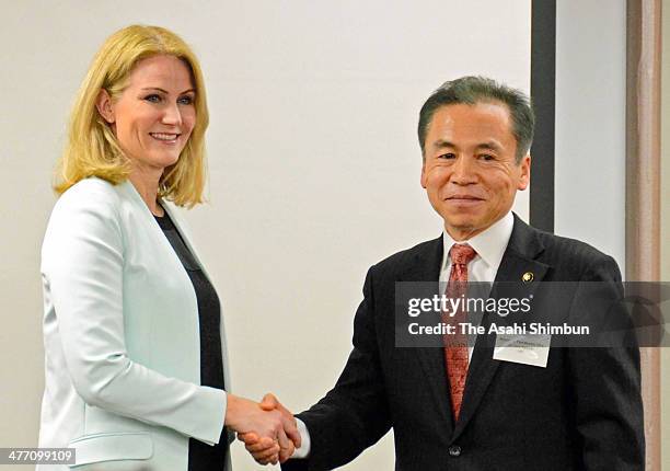 Danish Prime Minister Helle Thorning-Schmidt shakes hands with Funabashi City mayor Toru Matsudo during her visit to Funabashi, where is the...