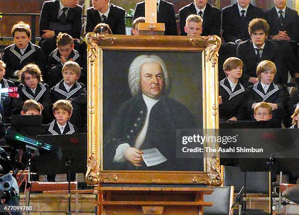 Portrait of German composer Johann Sebastian Bach by painter Elias Gottlob Haussmann is unveiled at Nikorai church on June 12, 2015 in Leipzig,...