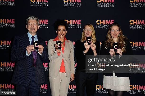 Peter Soer, Mariane Pearl, Frida Giannini and Laura Bates attend 'Chime for Change Launches App and Unveils New Strategic Partnership' at Le Royal...