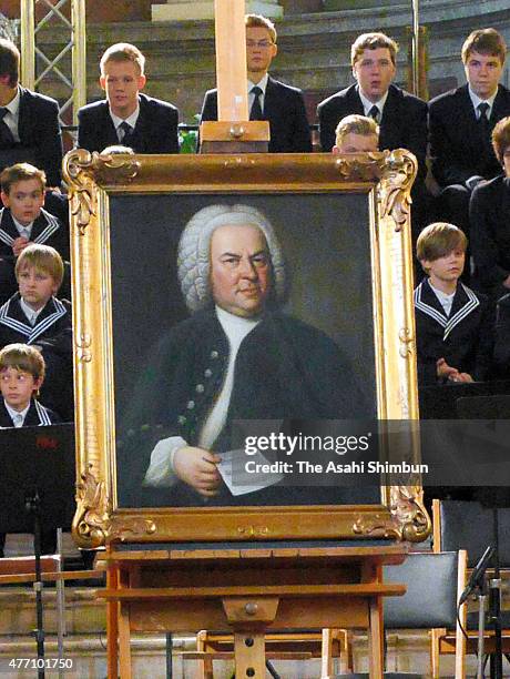 Portrait of German composer Johann Sebastian Bach by painter Elias Gottlob Haussmann is unveiled at Nikorai church on June 12, 2015 in Leipzig,...