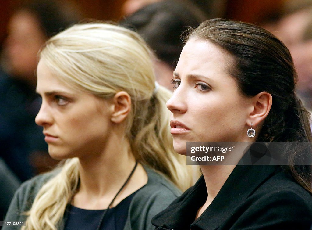 Aimee Pistorius , the sister of Oscar Pistorius, reacts during the ...