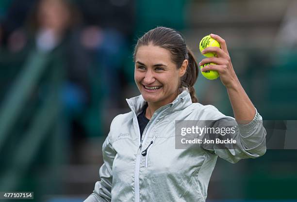 Monica Niculescu of Romania celebrates after her victory against Agnieszka Radwanska of Poland on day seven of the WTA Aegon Open Nottingham at...