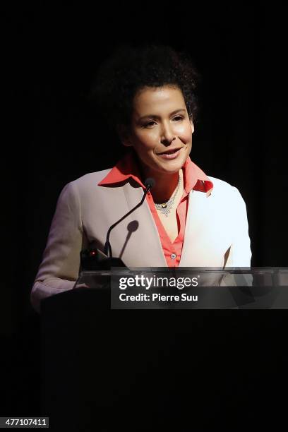 Mariane Pearl attends a press conference for 'Chime for Change Launches App and Unveils New Strategic Partnership at Le Royal Monceau on March 7,...