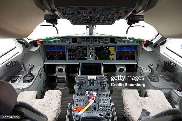 Instruments sit inside the cockpit on the flightdeck of the new Bombardier CS100 C Series aircraft, manufactured by Bombardier Inc., during...