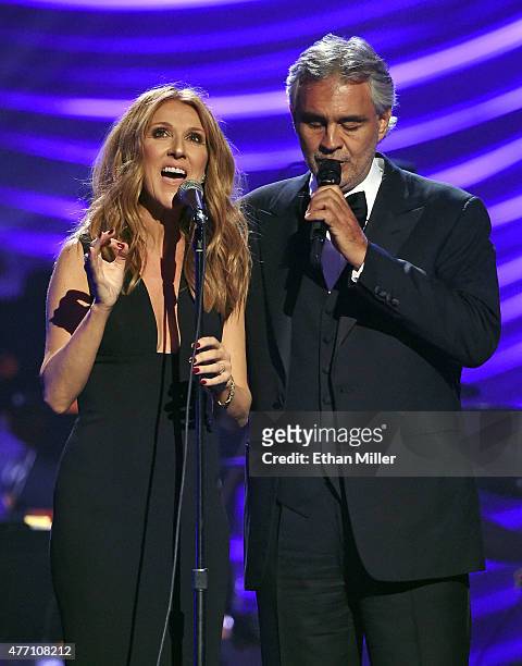 Singers Celine Dion and Andrea Bocelli perform during the 19th annual Keep Memory Alive "Power of Love Gala" benefit for the Cleveland Clinic Lou...