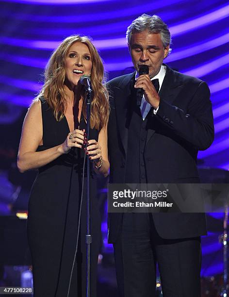 Singers Celine Dion and Andrea Bocelli perform during the 19th annual Keep Memory Alive "Power of Love Gala" benefit for the Cleveland Clinic Lou...