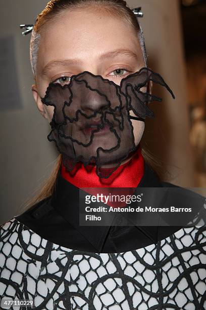 Model poses prior the Masha Ma show as part of the Paris Fashion Week Womenswear Fall/Winter 2014-2015 on March 5, 2014 in Paris, France.