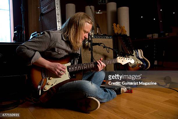 English blues guitarist Matt Schofield photographed alongside his equipment during a portrait shoot for Guitarist Magazine/Future via Getty Images,...